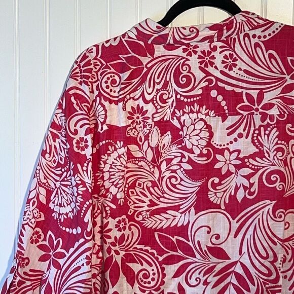 Pappagallo 3/4 Sleeve Button Up Top Women 3X Pink Yellow Tropical Peekaboo Cuffs - Picture 9 of 12